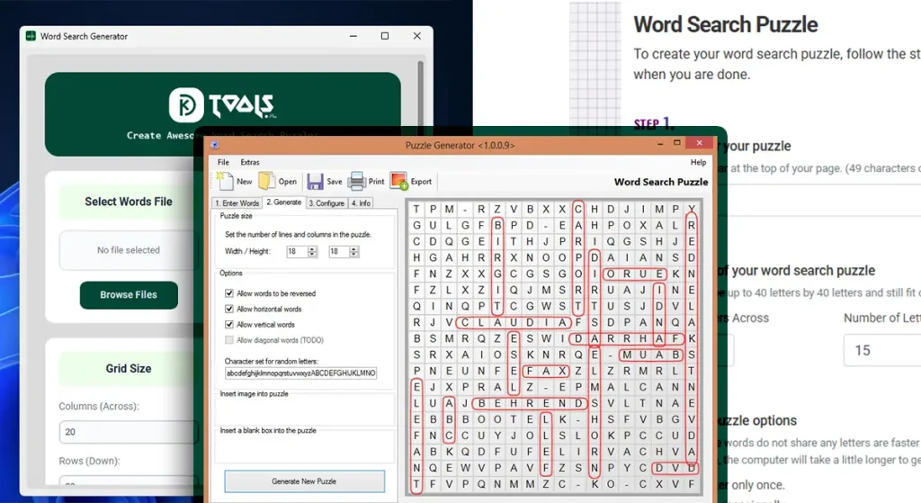 Comparison of top word search generator tools showing interface differences
