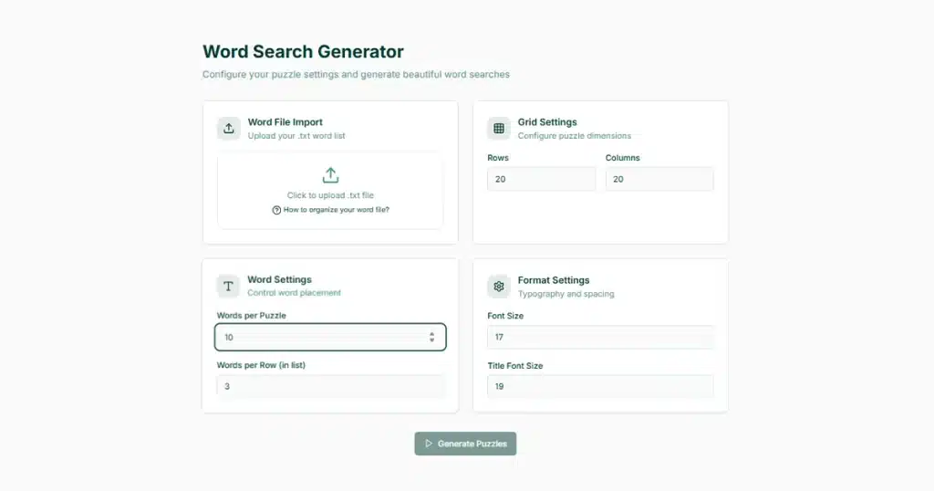 Custom word search generator interface displaying advanced settings including grid size, font options, and difficulty controls