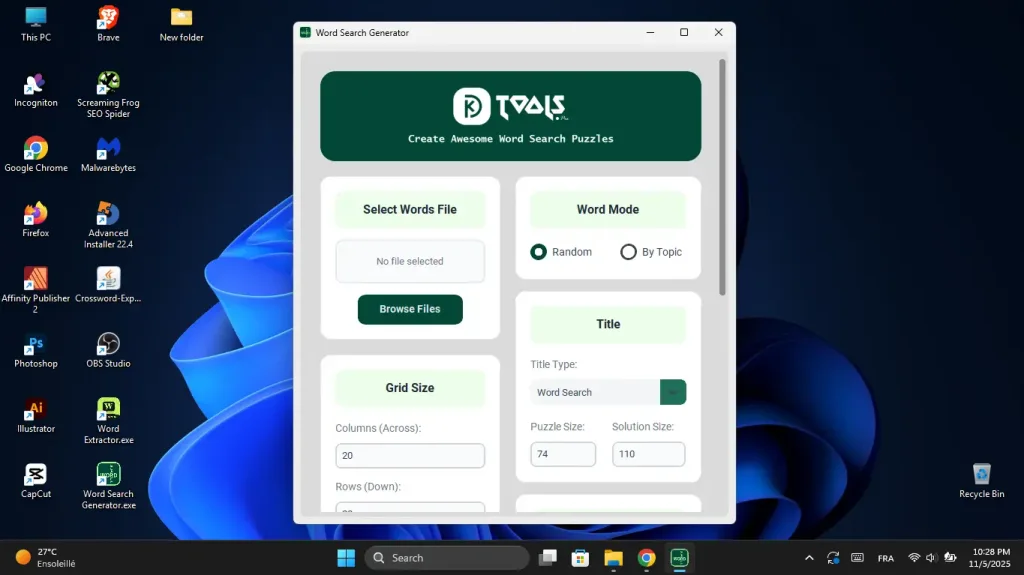Word search generator customization settings interface