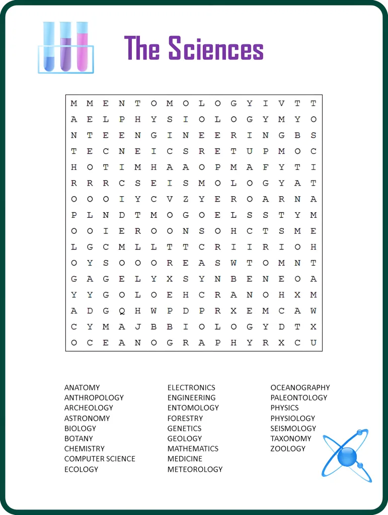 educational word search puzzles for different school subjects